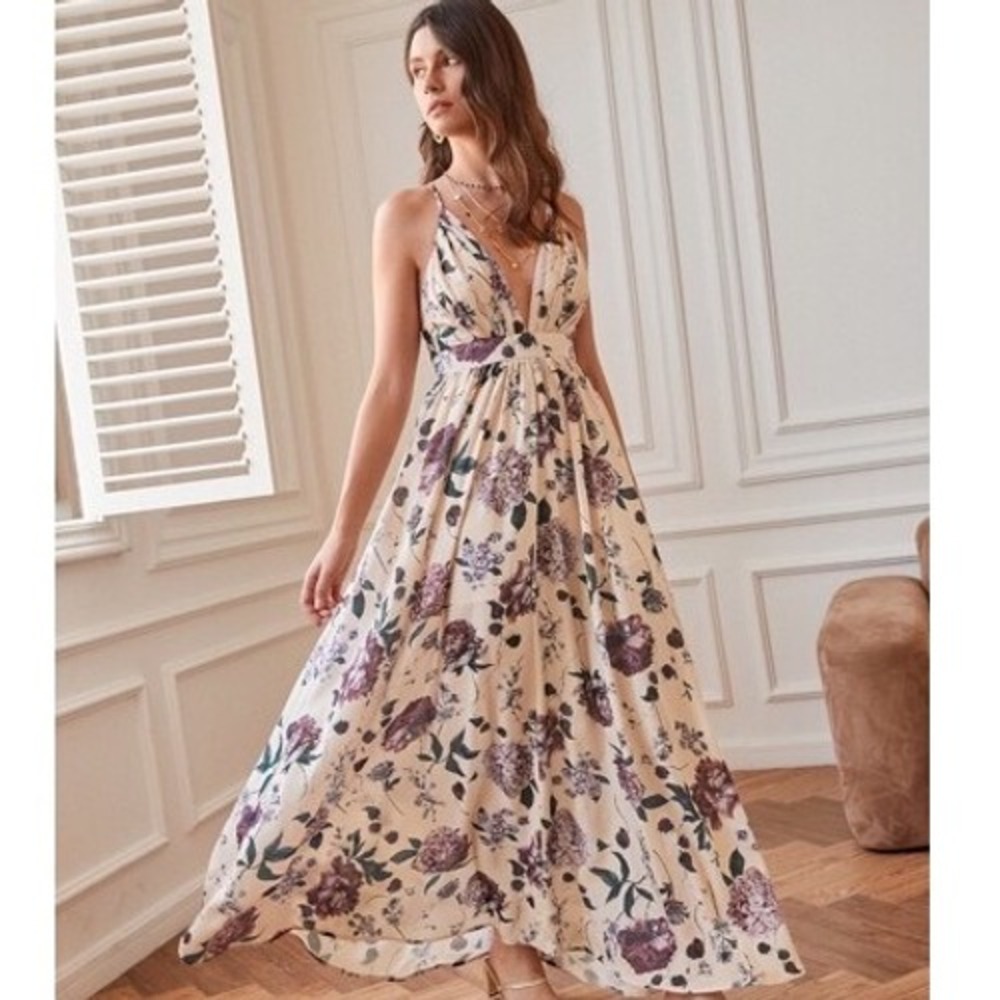 Floral Plunge V-Neck Maxi Dress L Purple Cream Boho Dark Forest Fairy Whimsical